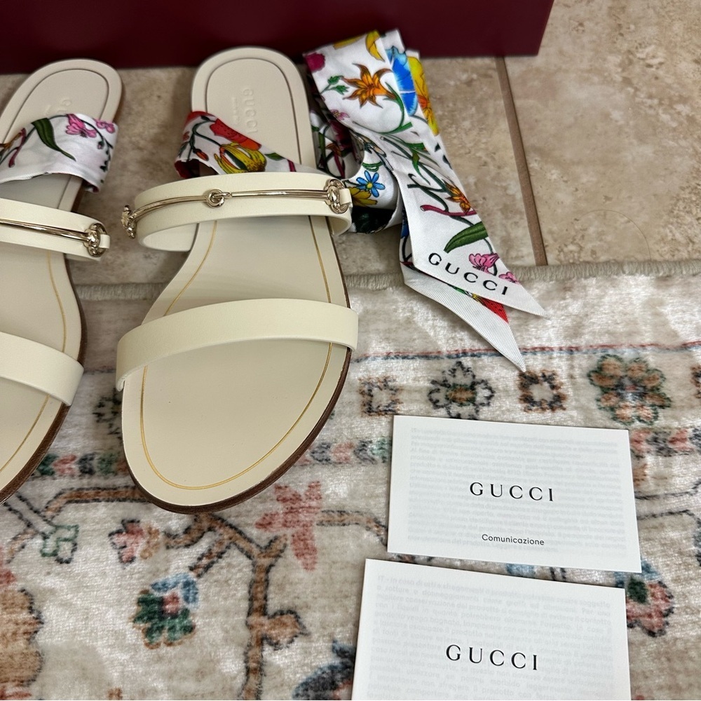 New authentic Gucci silk ankle wrap leather sandals size 37.5 - Picture 4 of 9